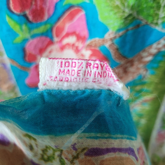 Vintage 90s April Cornell Tropical Floral & Animal Print Scarf pink & turquoise - Picture 8 of 9